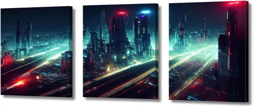 Vista 10 de Cuadros de 3 paneles de Cyberpunk City - Arte de pared de vallas publicitarias de edificios modernos en la capital con obras de arte modernas
