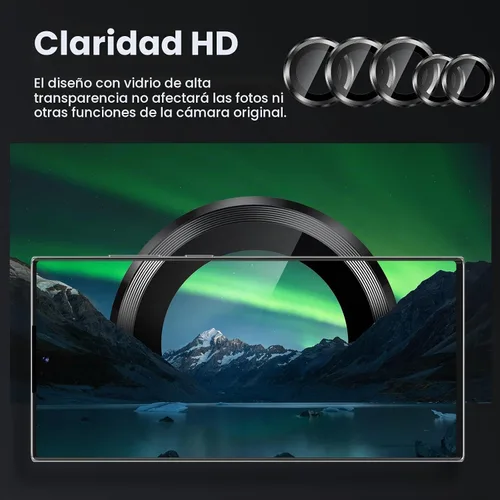 Vista 5 de Tensea Protector de lente de cámara Samsung Galaxy S22 Ultra, protector de pantalla de vidrio templado 9H, anillo individual de metal para S22 Ultra
