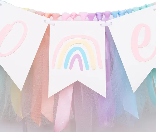 Vista 7 de Cartel para silla alta de arcoíris pastel, cartel de tul y cinta para silla de bebé de primer cumpleaños, decoraciones de arcoíris