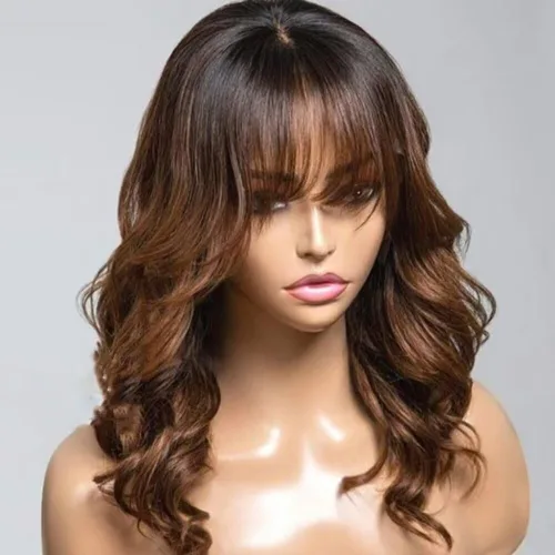 Vista 8 de #1B/27 Pelucas de cabello humano ondulado suelto con flequillo HD transparente encaje frontal pelucas de cabello humano natural Stright densidad