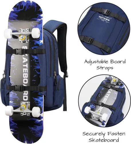 Vista 6 de Mochila para monopatín, baloncesto, béisbol, fútbol, rugby, balón de fútbol, multifunción, resistente al agua, con puerto USB, red de baloncesto, se