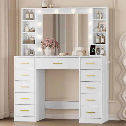 Vista 27 de Escritorio de maquillaje con espejo y luces, tocador negro de 43 pulgadas con parte superior de cristal, almacenamiento de joyas, 3 cajones