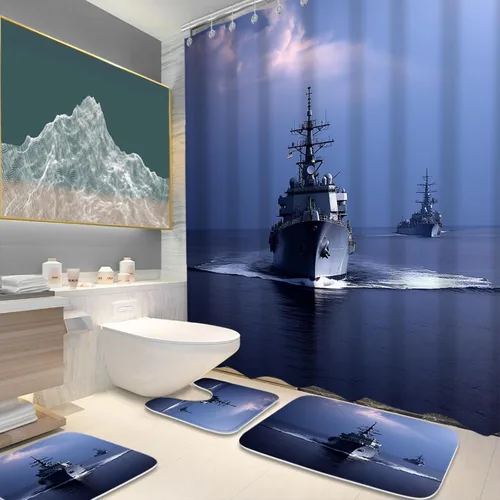Vista 2 de Cool Modern - Juego de portaaviones para niños con cortina de ducha náutica militar y alfombras de 20 x 31 pulgadas, accesorios de baño, decoración