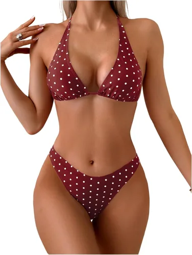 Vista 13 de WDIRARA Conjunto de bikini de lunares para mujer, traje de baño de triángulo halter de 2 piezas