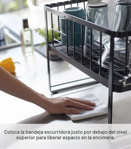 Vista 3 de YAMAZAKI Home Tower - Escurridor de platos ajustable de dos niveles, estante de secado compacto con ganchos, soporte para utensilios, acero - Negro