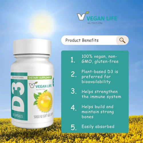 Vista 2 de Cápsulas diarias de vitamina D3 para adultos (5000 UI) - Sin gluten, sin OMG, apoya la salud ósea y el sistema inmunológico - 60 cápsulas