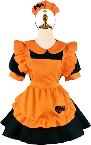 Vista 9 de STIOEDYUAN Disfraz de sirvienta de calabaza para mujer, vestido de lolita, vestido de restaurante, murciélago, vampiro, sirvienta, bruja mágica
