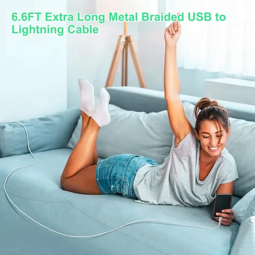 Vista 6 de Cable USB a Lightning de 6.6 pies a prueba de mordidos, cable de carga para iPhone a prueba de perros y gatos, cable de carga para iPhone plateado