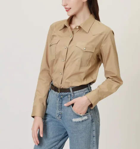 Vista 3 de PASHARTUK Camisas occidentales para mujer, camisas de manga larga de algodón para mujer con botones a presión, camisas a cuadros para mujer Beige