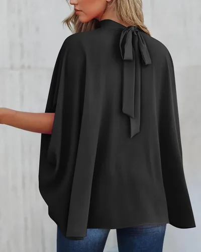 Vista 138 de BTFBM Blusas de verano para mujer, cuello alto falso, manga murciélago, holgadas, dobladillo alto y bajo, blusas informales de gran