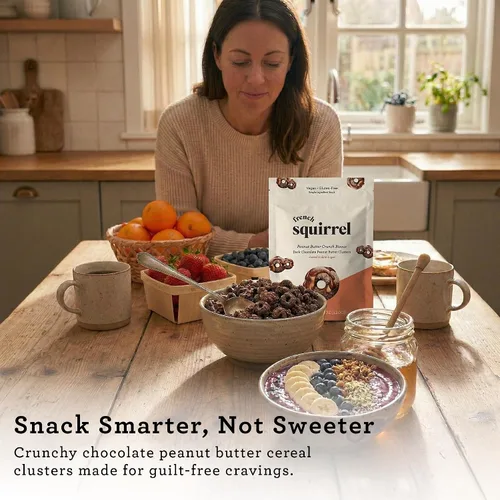 Vista 3 de French Squirrel Racimos de granola vegana, bocados de cereales de mantequilla de maní de chocolate sin gluten y bajos en azúcar, aperitivo crujiente