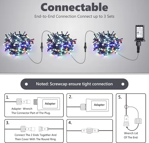 Vista 5 de iBaycon Cadena de luces de Navidad, 20 pies 240 LEDs, luces con flujo de agua conectables al aire libre, impermeables, 14 modos, cadena de luces