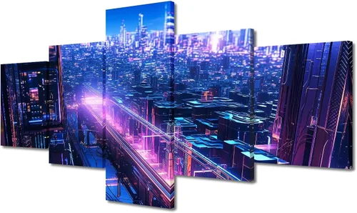 Vista 10 de Póster de 5 paneles en lienzo para decoración de pared, diseño de centro urbano Cyberpunk, impresión moderna, decoración de pared para el hogar