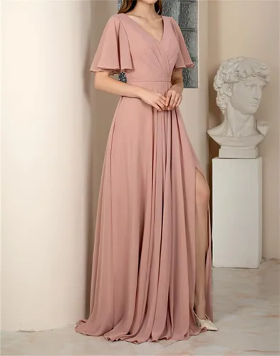 Vista 3 de Flutter Sleeve Bridesmaid Dresses with Pockets V Neck Chiffon Formal Party Gowns with Slit