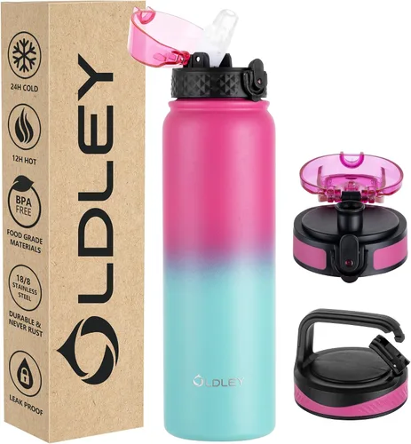 Vista 17 de Botella de agua aislada Oldley de 12 oz con pajita, botella de agua de acero inoxidable con 2 tapas, botellas de doble pared con vacío para adultos