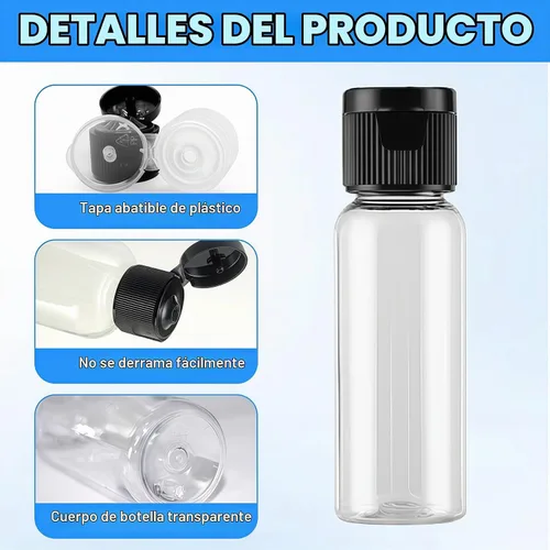 Vista 3 de 30 botellas de muestra de plástico transparente reutilizables vacías de 0.5 fl oz 0.51 oz con tapa abatible negra, frasco de viaje, recipiente
