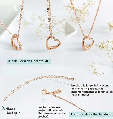Vista 4 de Altitude Boutique Collar de corazón abierto para mujer, collar de corazón flotante, hipoalergénico, simple, collar de corazón con texto en inglés "I