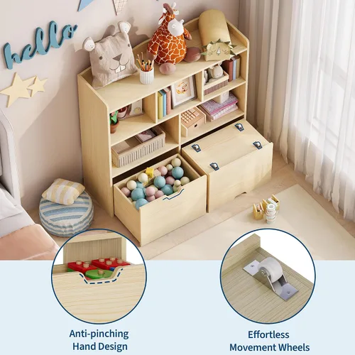 Vista 6 de GarveeHome Estante de almacenamiento de juguetes, estantería para niños, estante de lectura con cajones móviles, caja organizadora de almacenamiento