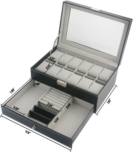 Vista 7 de Ogrmar Cajas de almacenamiento de reloj de piel sintética con 12 ranuras, para hombres y mujeres, estuche organizador de 2 niveles con tapa