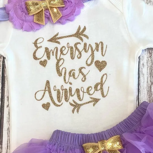 Vista 4 de Personalized Baby Girl Has Arrived Bodysuit Gold Glitter Design Add Any Name Optional Accessories