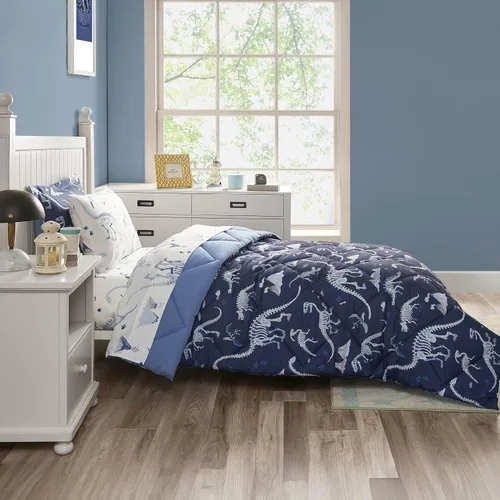 Vista 6 de PPOLCA Juego de edredón de dinosaurio azul tamaño individual para niños, ropa de cama de 5 piezas con sábanas y funda de almohada, súper suave
