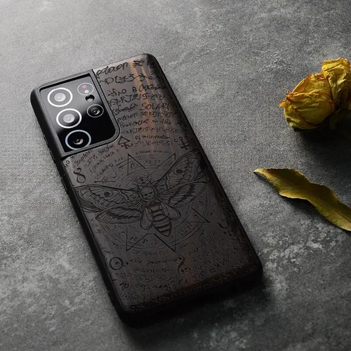 Vista 4 de Carveit Funda de madera para Galaxy S21 Ultra (madera maciza y TPU suave negro), a prueba de golpes, funda protectora de madera compatible