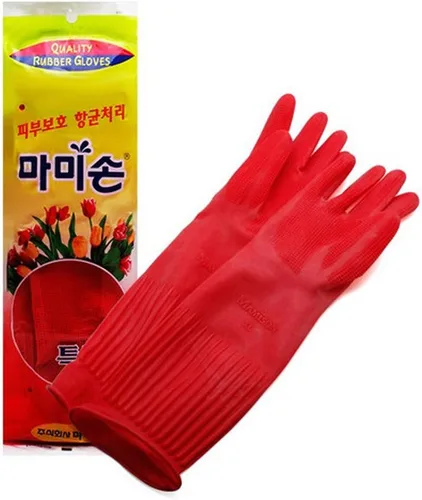 Vista 5 de Guantes de goma de cocina de calidad Mamison (1 par, pequeño). Guantes de goma de látex natural reutilizables y antideslizantes para cocina