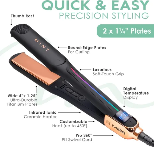 Vista 5 de Professional Series MIRA - Plancha plana de titanio para cabello grueso y fino, potente alisador de una sola pasada, alisador y rizador en uno