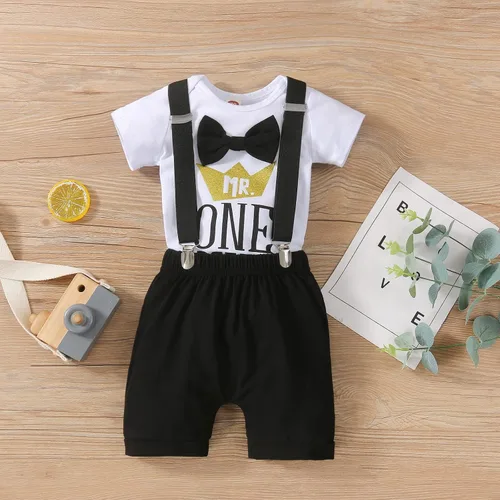 Vista 2 de Conjunto divertido de ropa de primer cumpleaños para bebé niño, con corbatín y estampado de dinosaurio, conjunto de pantalones con tirantes