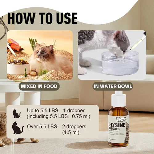Vista 6 de Suplemento de L-lisina para gatos, gotas líquidas de L-lisina para gatitos con vitaminas taurina, apoyo inmunológico, respiratorio felino