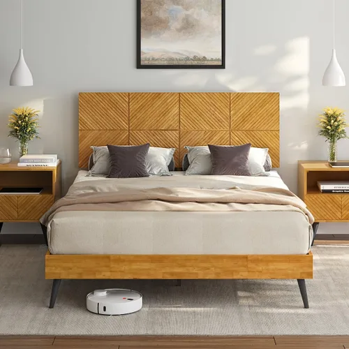 Vista 17 de Bme Georgina - Marco de cama tamaño Queen con cabecero y diseño geométrico artesanal distintivo, diseño con patente estadounidense pendiente, madera