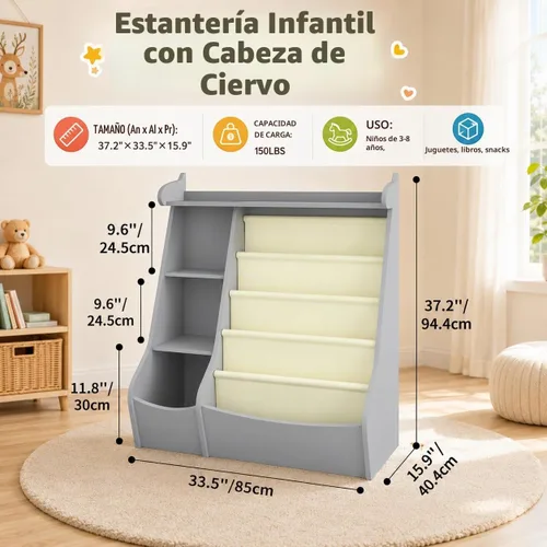 Vista 2 de FKWin - Estantería para niños, organizador de almacenamiento de juguetes, 5 niveles, color gris Montessori