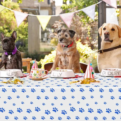 Vista 6 de Paquete de 2 manteles con estampado de patas de cachorro, 51 x 87 pulgadas, desechables, de plástico, para decoraciones de fiestas temáticas de Azul