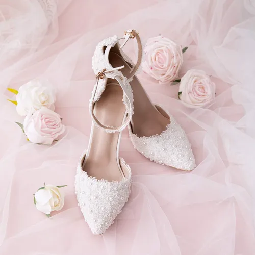 Vista 7 de Sandalias de tacón alto para mujer, con punta cerrada, con encaje floral, correa de perlas de aguja, zapatos de novia, boda, fiesta, 3.74 pulgadas