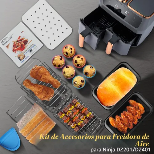 Vista 7 de Accesorios para freidora de aire de doble cesta, juego de 15 piezas para freidoras de aire Ninja DZ401 DZ201 Foodi de doble zona con 100 forros