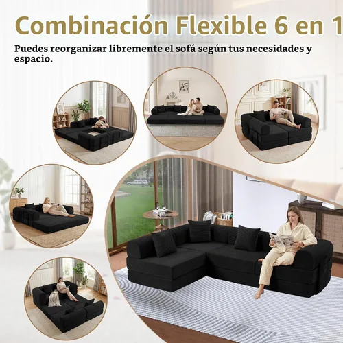 Vista 3 de Sofá cama modular en forma de U de 141.73 pulgadas, sofá de pana modular 6 en 1 con sensación suave como una nube, bolsa de almacenamiento