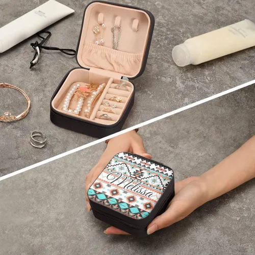 Vista 8 de Joyero de viaje personalizado con patrón azteca, de piel sintética, caja de joyería portátil personalizada, organizador de joyas de viaje, pequeña