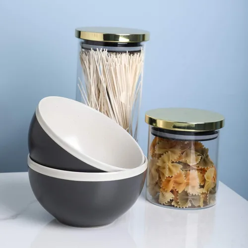 Vista 3 de Stone Lain Serenity - Juego de platos de cerámica, 4 cuencos de ramen, gris oscuro y crema