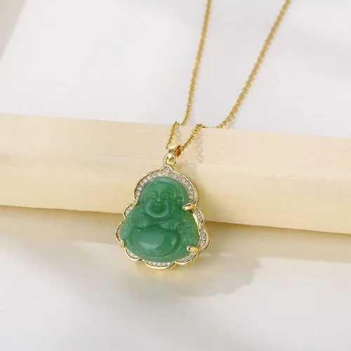 Vista 2 de Collar con colgante de Buda sonriente chapado en oro de 18 quilates, cadena de Buda sonriente de jade, collar brillante con piedras preciosas