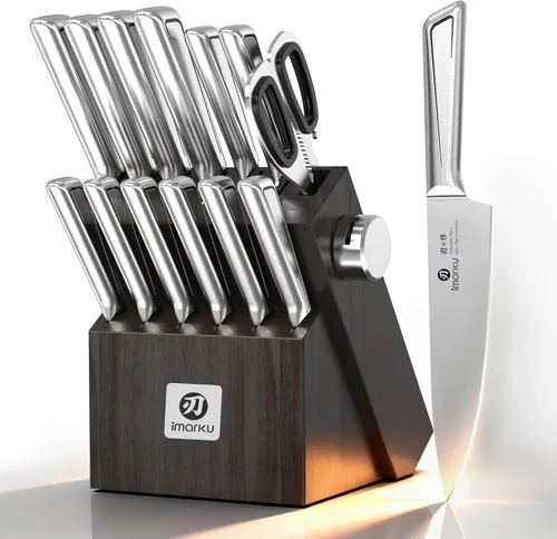Vista 3 de imarku Juego de 14 cuchillos con bloque, juego de cuchillos de cocina de acero inoxidable japonés con afilador integrado, asas ergonómicas