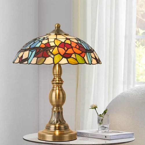 Vista 8 de Lámpara de mesa estilo Tiffany, lámpara de mesa de vidrio manchado, lámpara de decoración antigua artesanal para mesita de noche, dormitorio, sala
