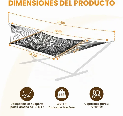 Vista 5 de Lazy Daze Hammocks Hamacas de cuerda doble de 12 pies, hamaca de algodón tejida a mano para 2 personas con barra separadora, mosquetón, correa