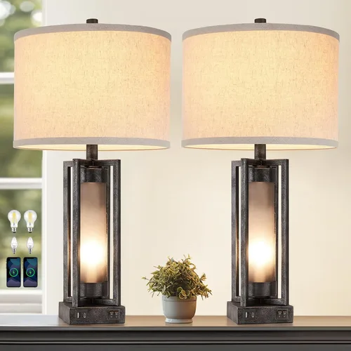 Vista 12 de Lámparas de mesa rústicas para sala de estar con puertos USB C+A, lámpara de mesita de noche vintage de granja con luz nocturna de acrílico ámbar