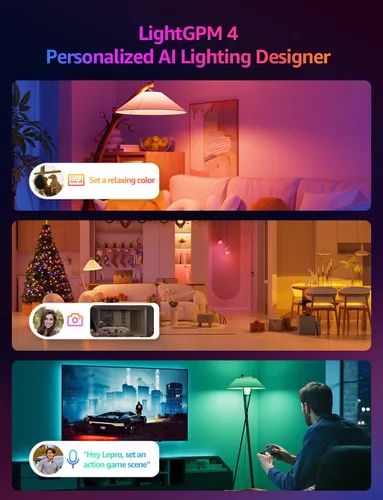 Vista 2 de Bombillas inteligentes LED BR2 AI de Lepro - Iluminación generada por IA, LightGPM 4 con LLM, sincronización de música LightBeats, control de voz a