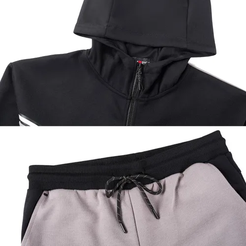 Vista 5 de Conjunto deportivo para hombre, sudadera con capucha y manga larga, con cremallera completa, 2 piezas Negro+gris ceniza
