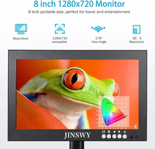 Vista 2 de Mini monitor de seguridad de 8 pulgadas, pantalla de metal portátil de 1280 x 720, entrada HDMI/VGA/AV/BNC, altavoces integrados y control remoto