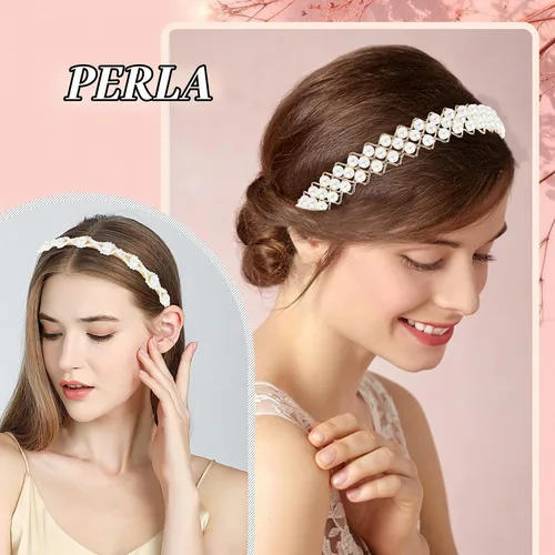 Vista 3 de Cinaci 8 piezas decorativas doradas para boda, fiesta de cumpleaños, graduación, diadema de perlas artificiales con cuentas brillantes, accesorios