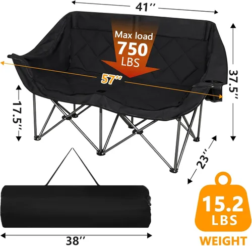 Vista 3 de Romswi Silla de campamento doble, silla de campamento para 2 personas, sofá biplaza plegable de gran tamaño, sofá de campamento resistente y sofá al