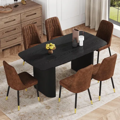 Vista 22 de Juego de mesa de comedor moderno para 4, juego de mesa de comedor negro de 67 pulgadas con mesa ovalada de madera de 3.5 pulgadas de grosor y base