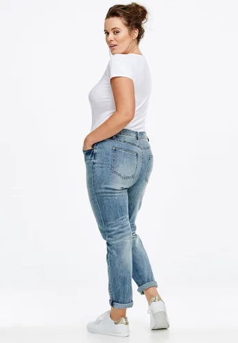 Vista 3 de Ellos Cómodos jeans estilo boyfriend de talla grande para mujer Denim elástico tiro medio